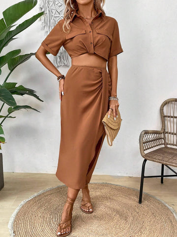 Ladies' Plain Colored Turn Down Collar Blouse And Pleated Split Skirt Two Piece Set