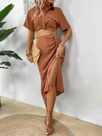 Ladies' Plain Colored Turn Down Collar Blouse And Pleated Split Skirt Two Piece Set