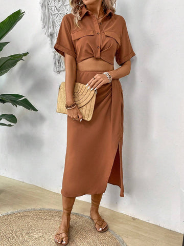 Ladies' Plain Colored Turn Down Collar Blouse And Pleated Split Skirt Two Piece Set