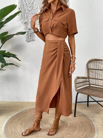 Ladies' Plain Colored Turn Down Collar Blouse And Pleated Split Skirt Two Piece Set