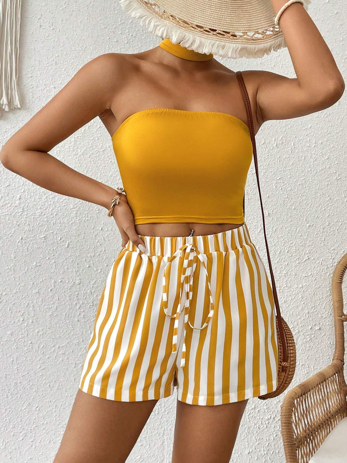 Ladies' Plain Halter Top And Striped Shorts Set