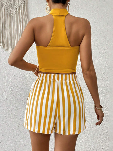 Ladies' Plain Halter Top And Striped Shorts Set