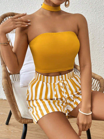 Ladies' Plain Halter Top And Striped Shorts Set
