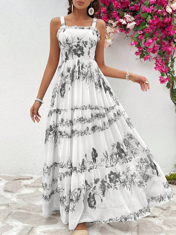 Ladies' Printed Casual Lace Trim Vacation Cami Dress