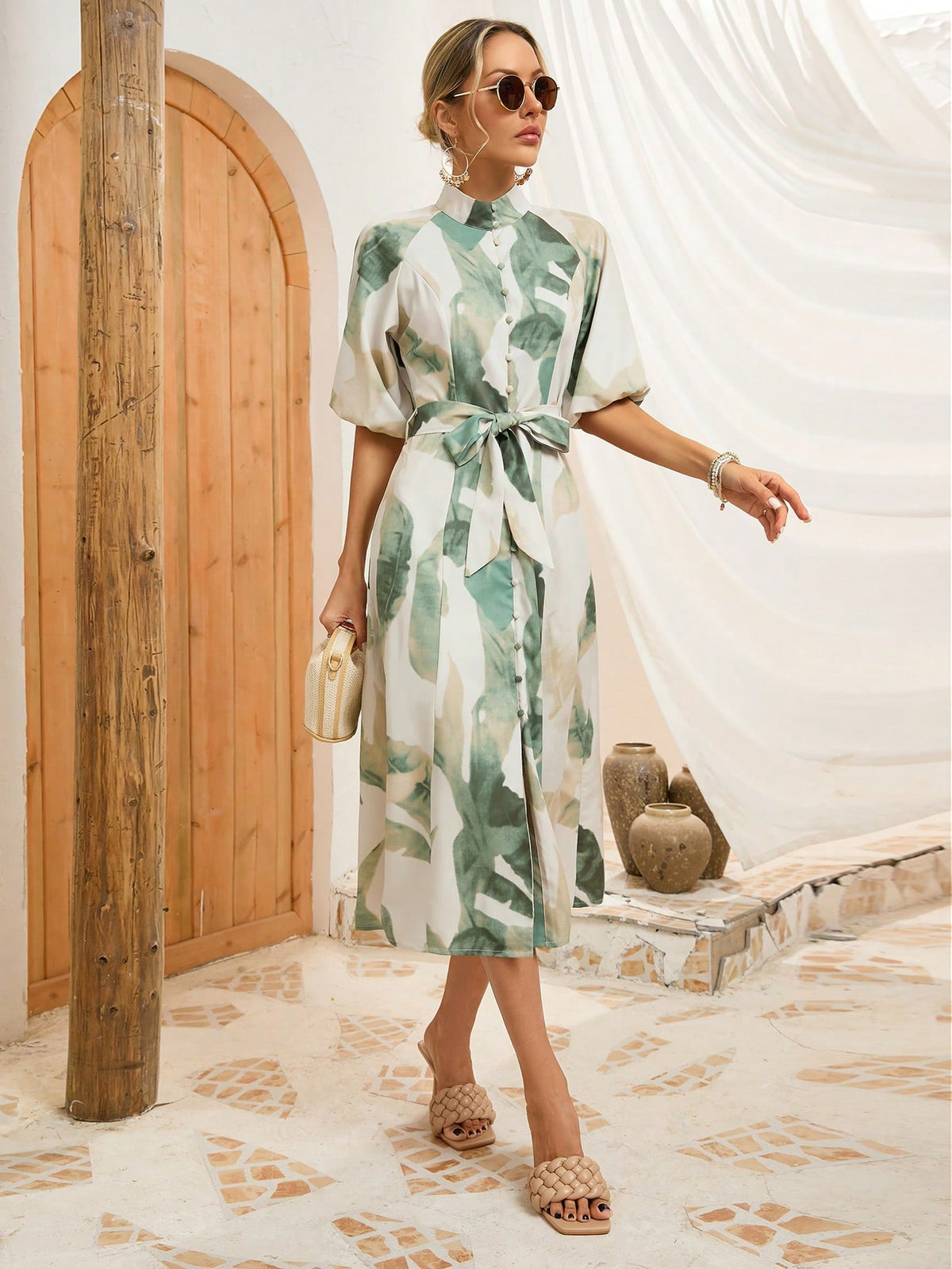 VCAY Ladies' Printed Lantern Sleeve Dress