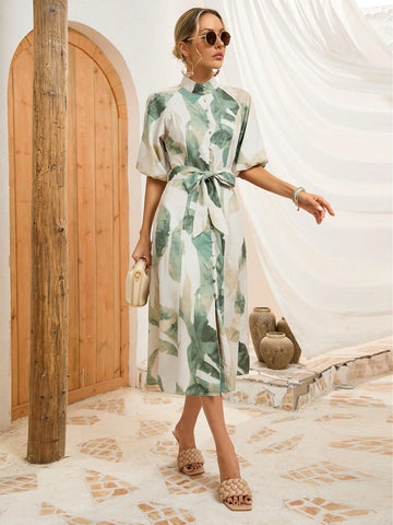 VCAY Ladies' Printed Lantern Sleeve Dress