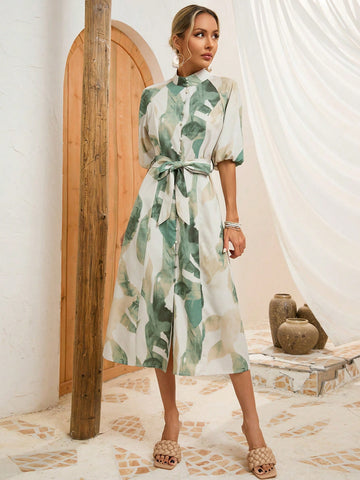 VCAY Ladies' Printed Lantern Sleeve Dress
