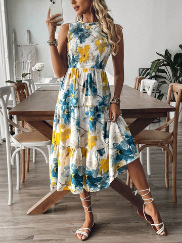 Ladies' Random Flower Printed Sleeveless Dress