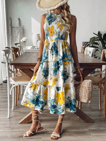 Ladies' Random Flower Printed Sleeveless Dress