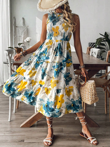 Ladies' Random Flower Printed Sleeveless Dress