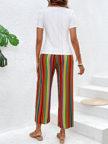 Ladies' Short Sleeve T-shirt And Striped Pants 2pcs/set