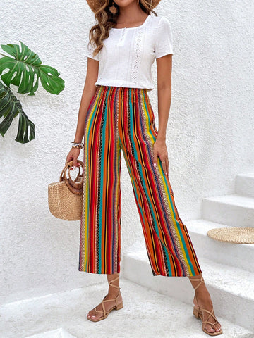 Ladies' Short Sleeve T-shirt And Striped Pants 2pcs/set