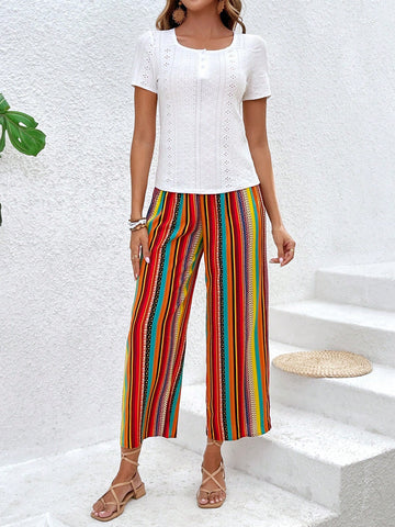 Ladies' Short Sleeve T-shirt And Striped Pants 2pcs/set