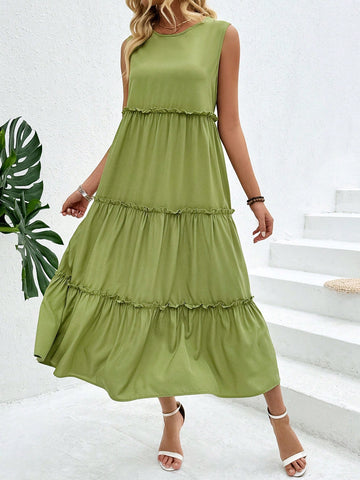 Ladies' Sleeveless Solid Color Spliced Dress With Pleated Hem
