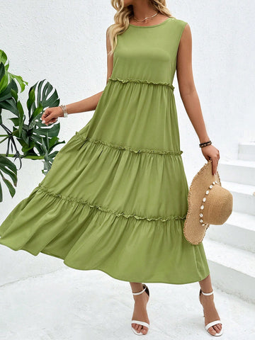 Ladies' Sleeveless Solid Color Spliced Dress With Pleated Hem