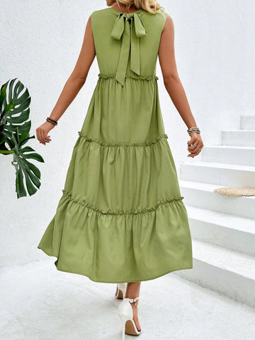 Ladies' Sleeveless Solid Color Spliced Dress With Pleated Hem