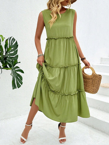 Ladies' Sleeveless Solid Color Spliced Dress With Pleated Hem