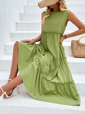 Ladies' Sleeveless Solid Color Spliced Dress With Pleated Hem