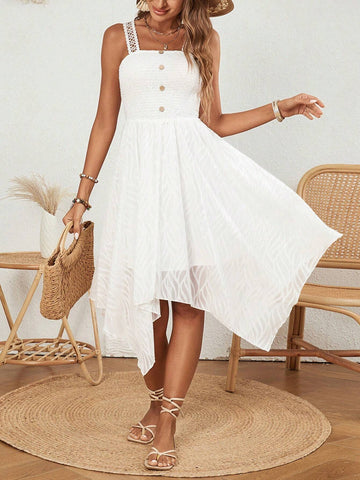 Ladies' Solid Color Asymmetrical Hem Spaghetti Strap Dress