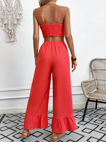 Ladies' Solid Color Criss-Cross Cami Top And Drawstring Pants Two Piece Set