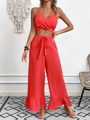 Ladies' Solid Color Criss-Cross Cami Top And Drawstring Pants Two Piece Set