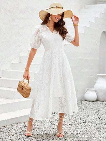 Ladies' Solid Color Cutout Puff Sleeve Dress