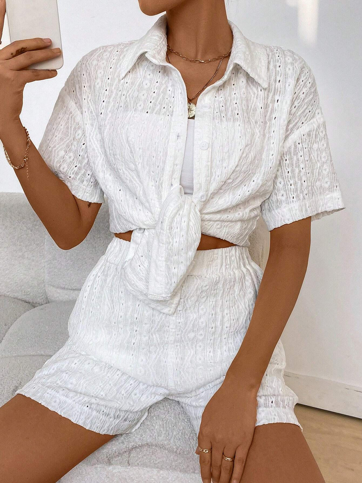 Ladies' Solid Color Drop Shoulder Short Sleeve Shirt And Shorts Set