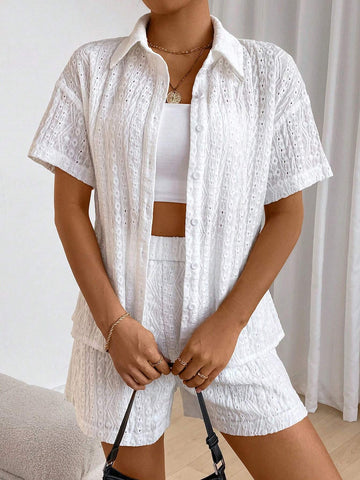 Ladies' Solid Color Drop Shoulder Short Sleeve Shirt And Shorts Set