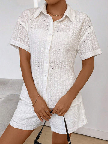 Ladies' Solid Color Drop Shoulder Short Sleeve Shirt And Shorts Set