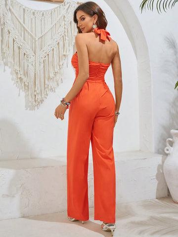 Ladies' Solid Color Halter Neck Jumpsuit