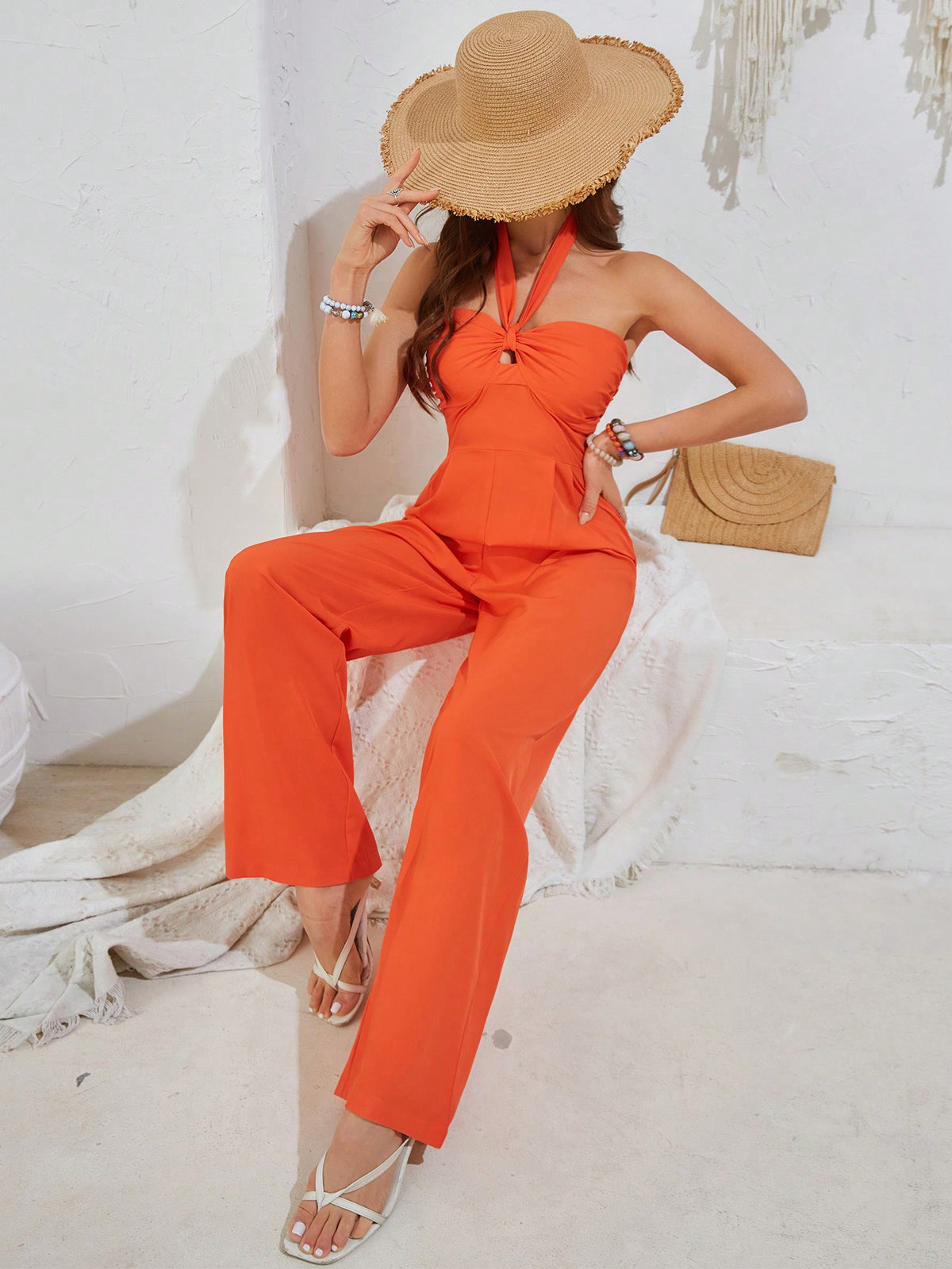 Ladies' Solid Color Halter Neck Jumpsuit