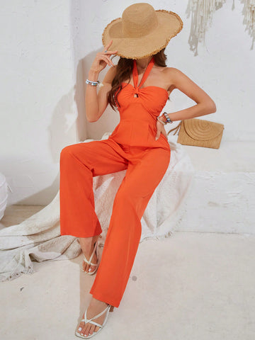 Ladies' Solid Color Halter Neck Jumpsuit