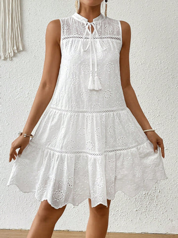 Ladies' Solid Color Hollow Out Embroidered Collared Sleeveless Belted Maxi Dress