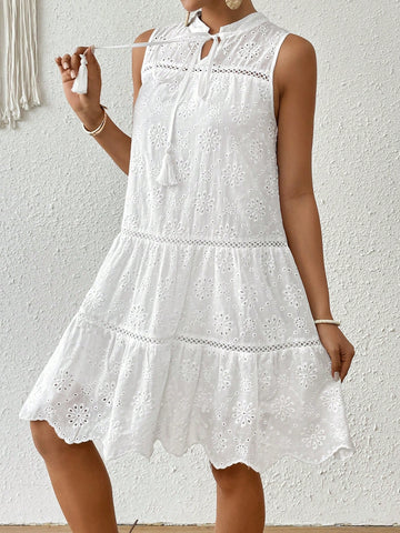 Ladies' Solid Color Hollow Out Embroidered Collared Sleeveless Belted Maxi Dress