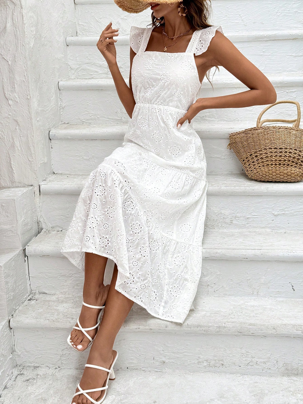 Ladies' Solid Color Hollow Out Embroidery Detail Backless Strappy Dress With Tied Straps