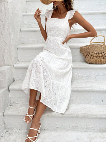 Ladies' Solid Color Hollow Out Embroidery Detail Backless Strappy Dress With Tied Straps