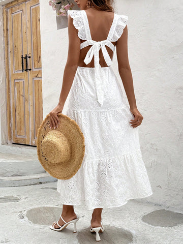 Ladies' Solid Color Hollow Out Embroidery Detail Backless Strappy Dress With Tied Straps