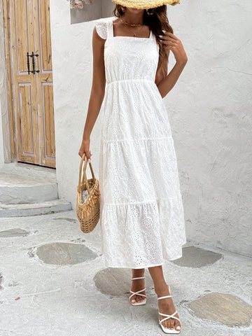 Ladies' Solid Color Hollow Out Embroidery Detail Backless Strappy Dress With Tied Straps