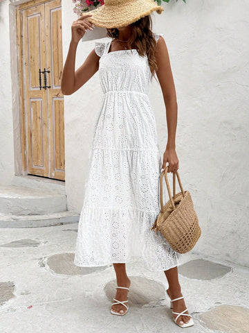 Ladies' Solid Color Hollow Out Embroidery Detail Backless Strappy Dress With Tied Straps