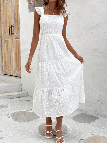 Ladies' Solid Color Hollow Out Embroidery Detail Backless Strappy Dress With Tied Straps