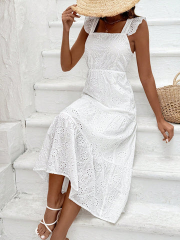Ladies' Solid Color Hollow Out Embroidery Detail Backless Strappy Dress With Tied Straps