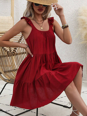 Ladies' Solid Color Pleated Cap Sleeve Dress