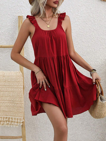 Ladies' Solid Color Pleated Cap Sleeve Dress