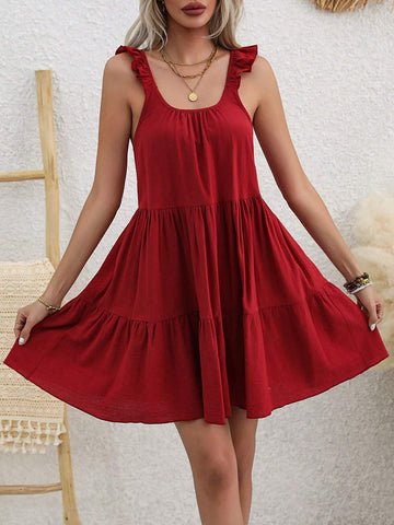 Ladies' Solid Color Pleated Cap Sleeve Dress