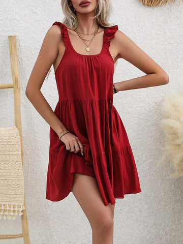 Ladies' Solid Color Pleated Cap Sleeve Dress