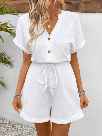 Ladies" Solid Color Simple V-Neck Jumpsuit