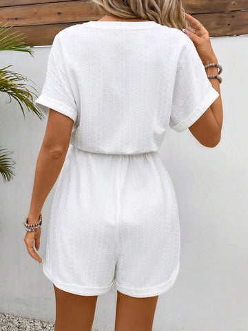 Ladies" Solid Color Simple V-Neck Jumpsuit