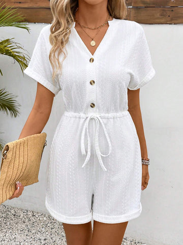 Ladies" Solid Color Simple V-Neck Jumpsuit