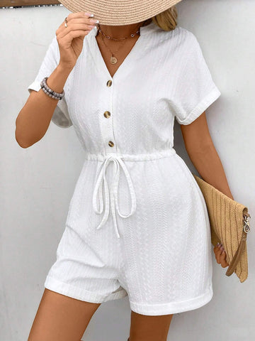 Ladies" Solid Color Simple V-Neck Jumpsuit