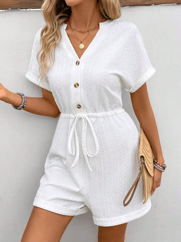 Ladies" Solid Color Simple V-Neck Jumpsuit